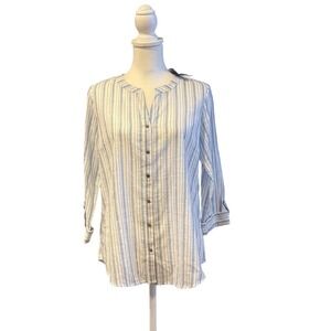 New Striped Mandarin Collar Button Front 3/4 Roll Tab Sleeve Top Shirt Tunic M